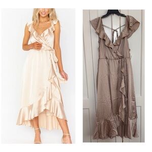 Show Me Your Mumu Samantha Ruffle Wrap Dress in a soft beige